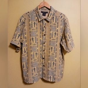 Exofficio Men's Medium Tan Blue Hawaiian Fishing S/S Button Down Vented Shirt